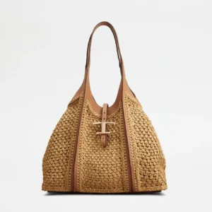 Tod's Borsa Shopping T Timeless in Rafia e Pelle Media Marrone