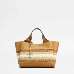 Tod's Borsa in Pelle e Rafia Mini Marrone Beige Bianco