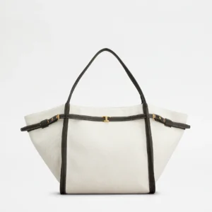 Tod's Borsa Shopping in Canvas e Pelle Media Bianco Marrone
