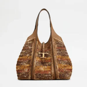 Tod's Borsa Shopping T Timeless in Pelle e Rafia Media Marrone