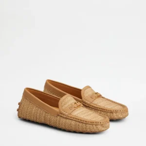 Tod's Mocassino Gommino in Rafia e Pelle  Marrone Beige