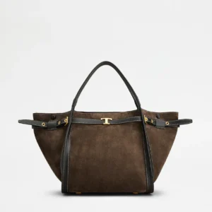 Tod's Borsa Shopping T Signature in Pelle Scamosciata Piccola Marrone